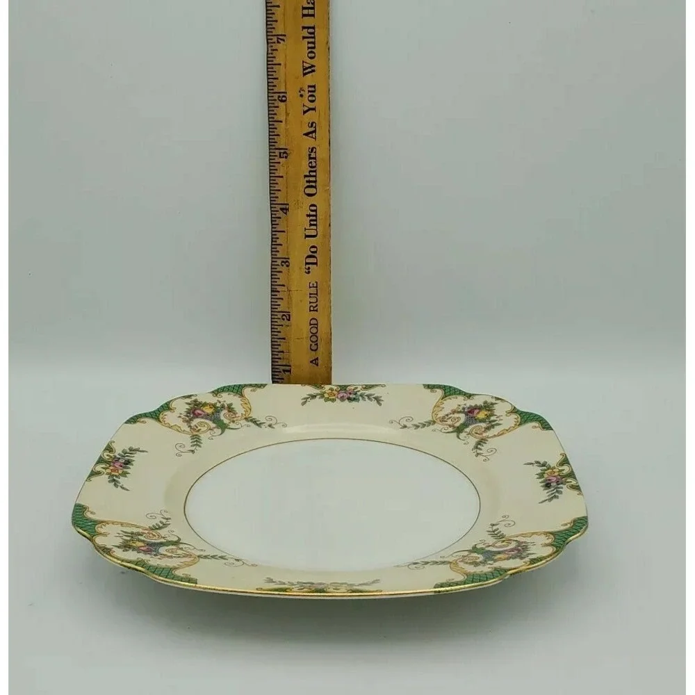 Gebruder Benedikt Czechoslovakia Bread Plate Gilt‎ Green Border Floral Basket 7
